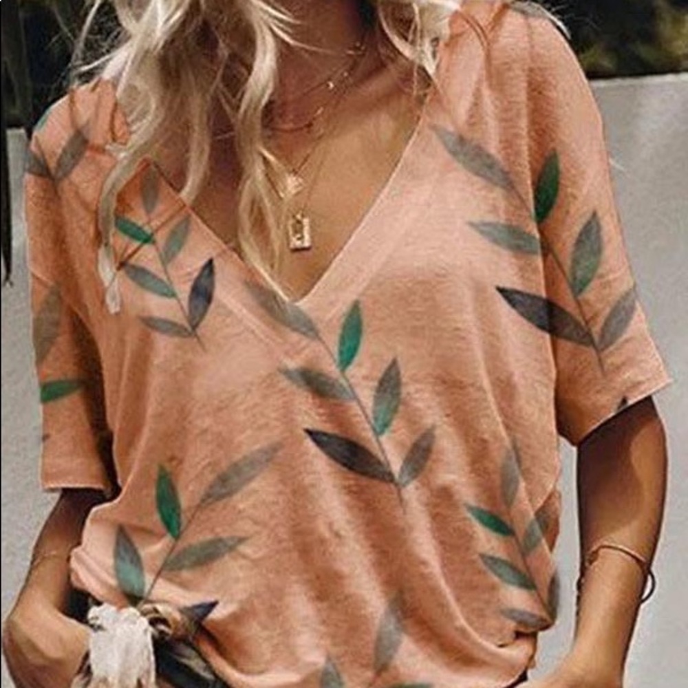 Printed V-neck Casual Cotton Blend T-shirt